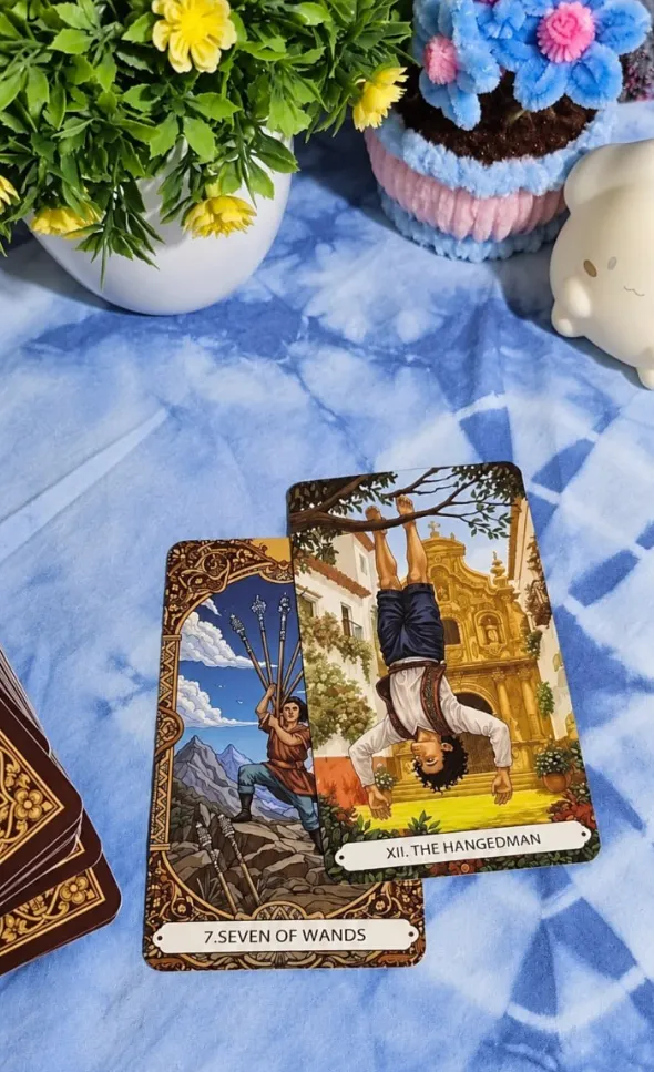 A real JA Tarot spread: Seven of Wands and The Hanged Man