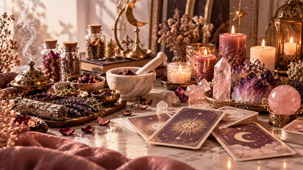 Ritual altar with candles, amethyst, rose quartz, herbs and tarot cards